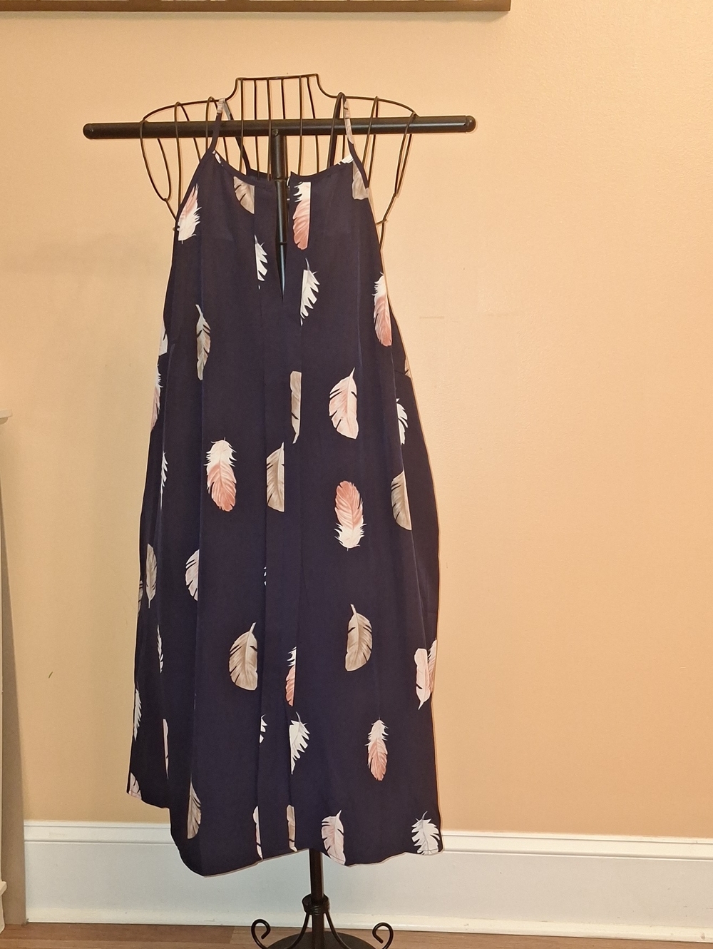 EMERY ROSE Navy Feather Print Spaghetti Strap Dress SZ 2XL